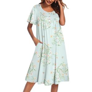 Ekouaer House Dress for Women with Pockets Short Sleeve Moo Moos Plus Size Nightgowns Floral Print Mumu Dresses(Floral Light Green)