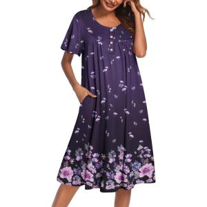 Ekouaer House Dress for Women with Pockets Short Sleeve Moo Moos Plus Size Nightgowns Floral Print Mumu Dresses(Floral Purple)