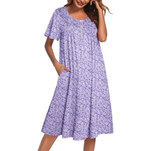 Ekouaer House Dress for Women with Pockets Short Sleeve Moo Moos Plus Size Nightgowns Floral Print Mumu Dresses(Small Florals Purple)