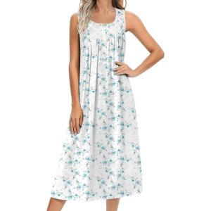 Ekouaer Nightgowns for Women Cotton Long Night Gown Sleeveless Sleep Dress Victorian Nightdress Ladies Sleepwear S-XXXL(White Blue Florals)