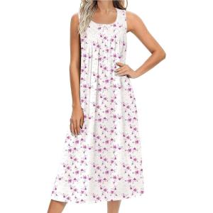 Ekouaer Nightgowns for Women Cotton Long Night Gown Sleeveless Sleep Dress Victorian Nightdress Ladies Sleepwear S-XXXL(White Pink Line Florals)