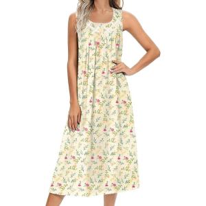 Ekouaer Nightgowns for Women Cotton Long Night Gown Sleeveless Sleep Dress Victorian Nightdress Ladies Sleepwear S-XXXL(Yellow Green Leaf)