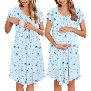 Ekouaer Nursing Nightgown Labor and Delivery Gown Hospital Breastfeeding Dress for Women Short Sleeve Maternity Sleepwear(Blue Star)