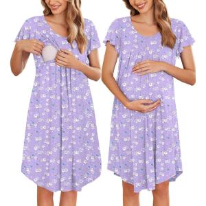 Ekouaer Nursing Nightgown Labor and Delivery Gown Hospital Breastfeeding Dress for Women Short Sleeve Maternity Sleepwear(Floral Purple)