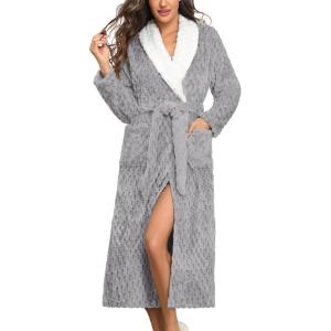 Ekouaer Women’s Bathrobe Plush Warm Fuzzy Jacquard Robe Color Block Long Soft Fleece House Robes Light Grey L