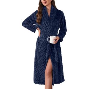 Ekouaer Women’s Robe Long Plush Soft Bathrobe Jacquard Color Block Robes Shawl Collar Sleepwear with Pockets