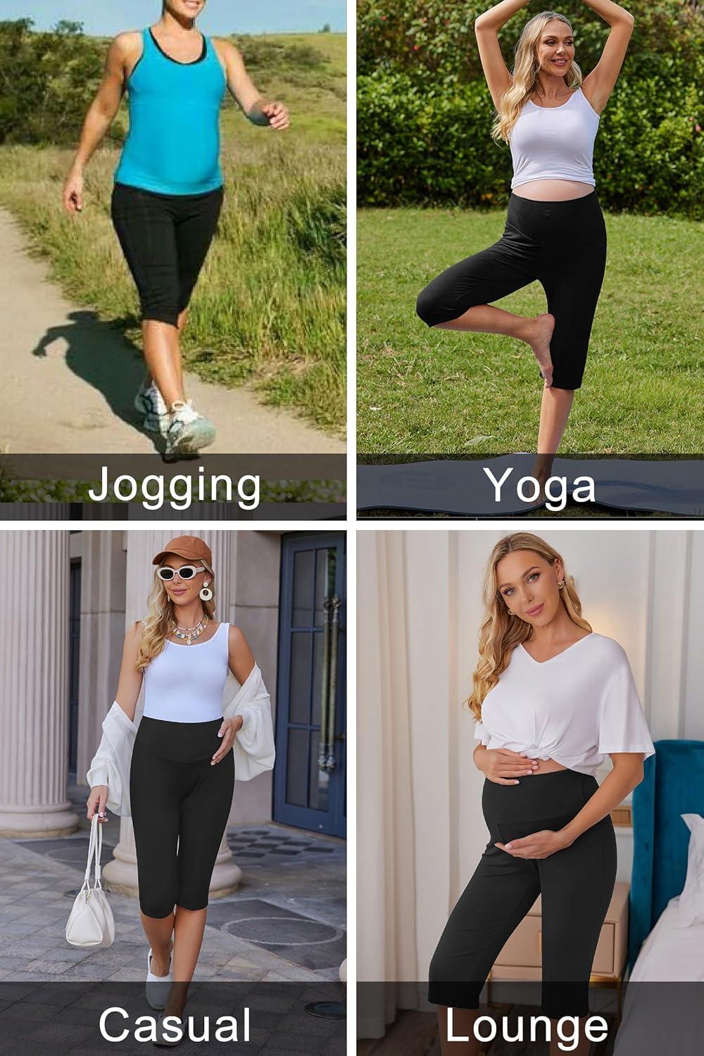 imageEkouaer 2 Pack Womens Capris Maternity Shorts High Waist Pregnancy Cropprd Pants Stretchy Lounge BottomsBlackNavy Blue