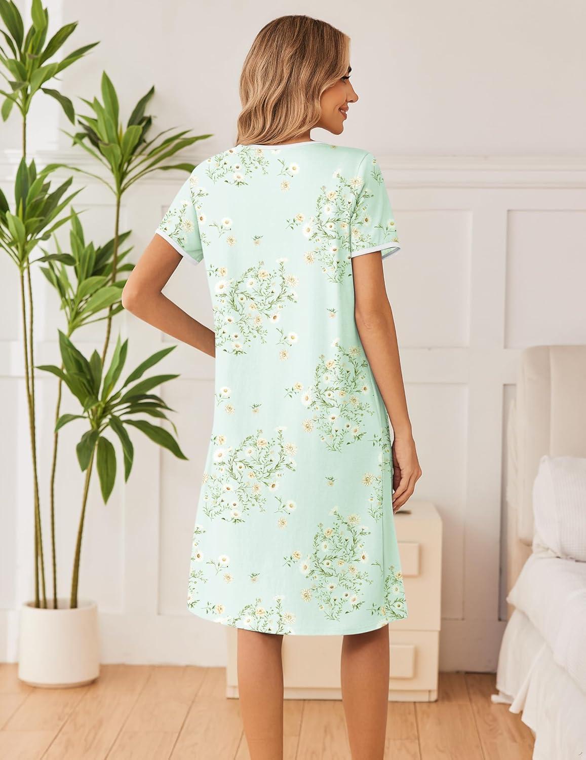 imageEkouaer Cotton Nightgowns for Women Short Sleeve Night Gown V Neck Button Sleep Shirt Soft House DressGreen Little Flower