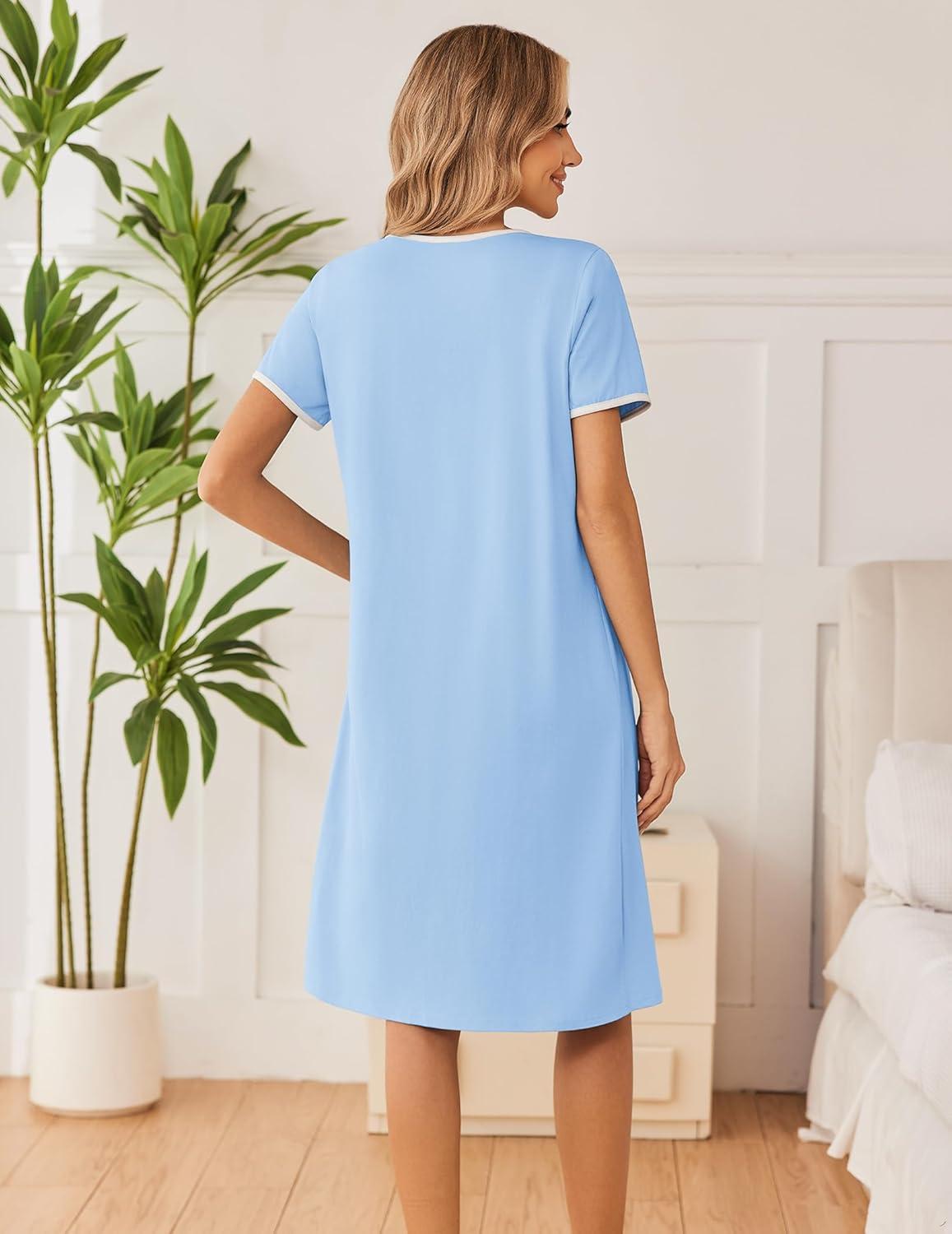 imageEkouaer Cotton Nightgowns for Women Short Sleeve Night Gown V Neck Button Sleep Shirt Soft House DressLight Blue