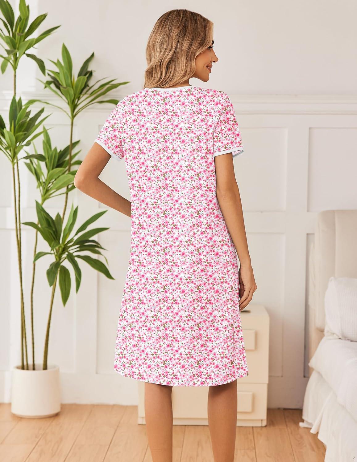 imageEkouaer Cotton Nightgowns for Women Short Sleeve Night Gown V Neck Button Sleep Shirt Soft House DressPink Floral