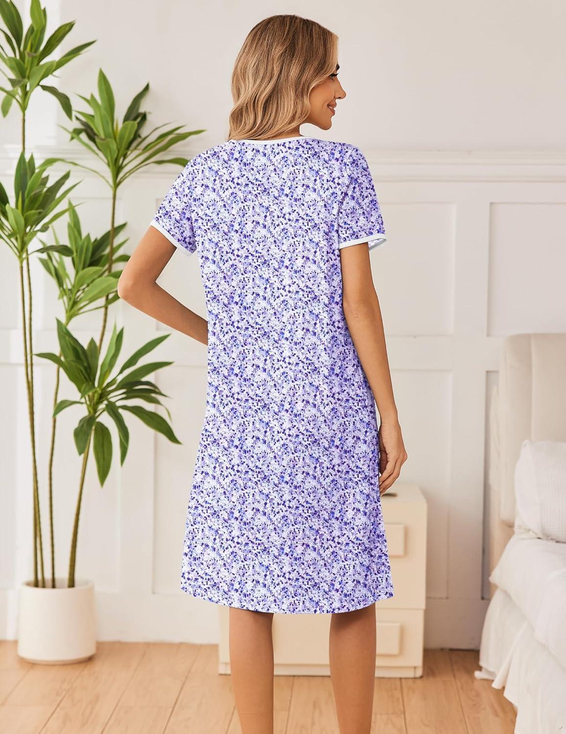 imageEkouaer Cotton Nightgowns for Women Short Sleeve Night Gown V Neck Button Sleep Shirt Soft House DressPurple Floral
