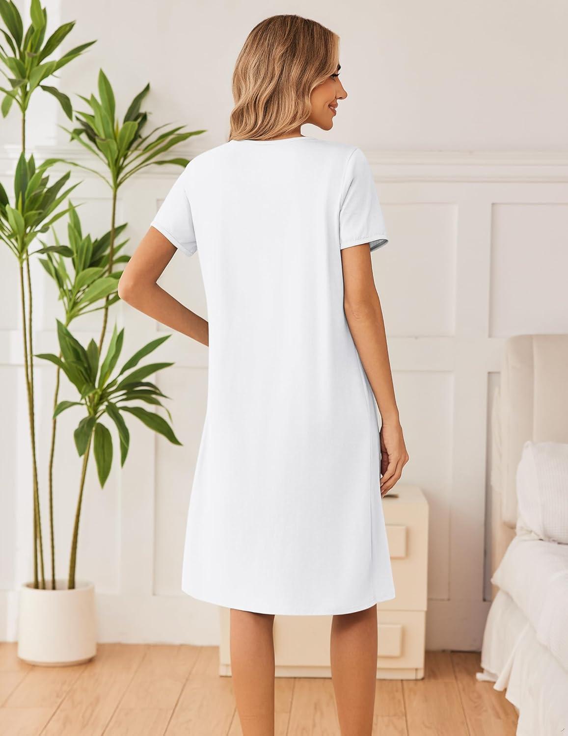 imageEkouaer Cotton Nightgowns for Women Short Sleeve Night Gown V Neck Button Sleep Shirt Soft House DressWhite