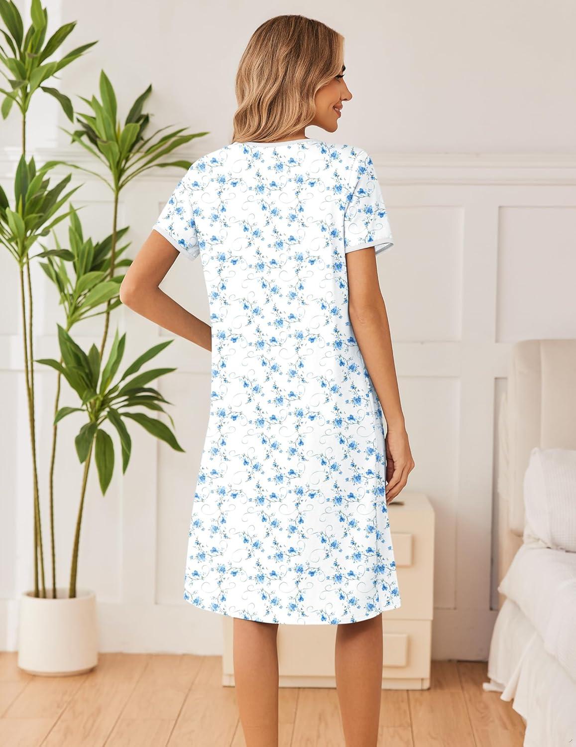 imageEkouaer Cotton Nightgowns for Women Short Sleeve Night Gown V Neck Button Sleep Shirt Soft House DressWhite Blue Floral