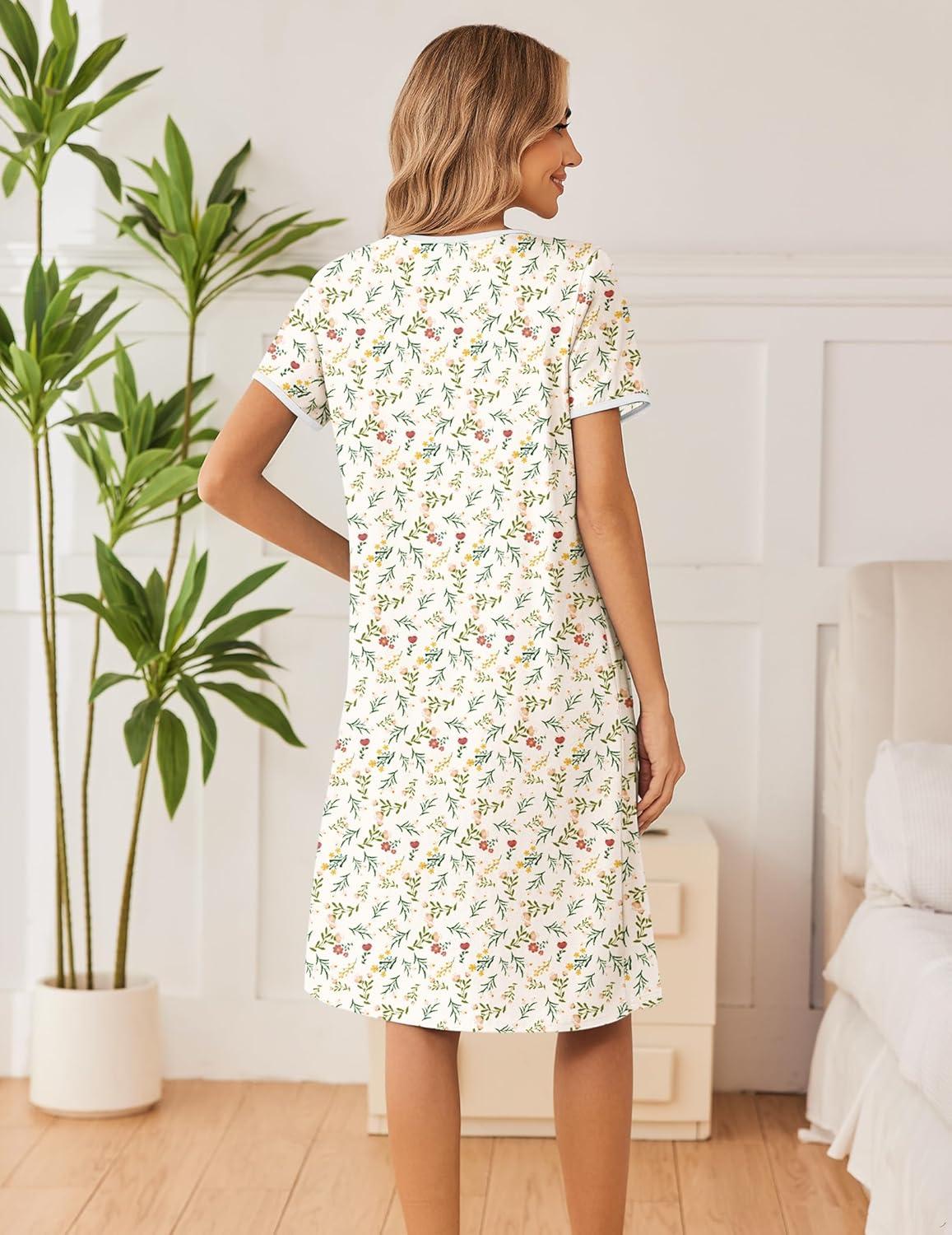 imageEkouaer Cotton Nightgowns for Women Short Sleeve Night Gown V Neck Button Sleep Shirt Soft House DressYellow Floral