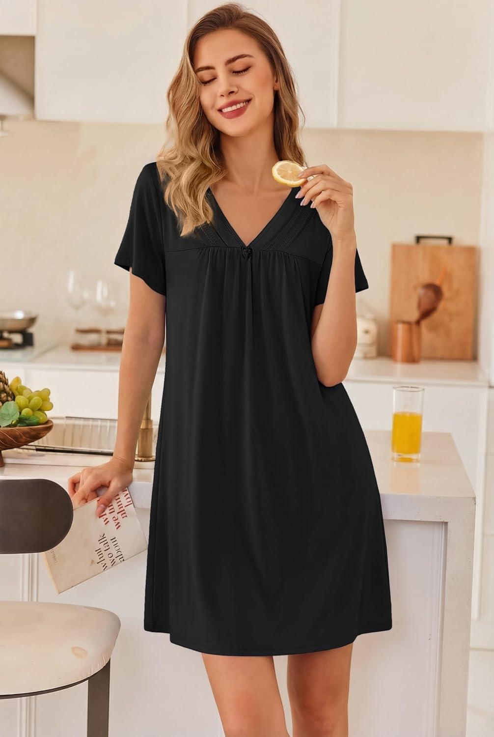 imageEkouaer Nightgowns for Women V Neck Sleepshirt Short Sleeve Nightdress Lace Trim Night Gown House Dress with PocketsBlack