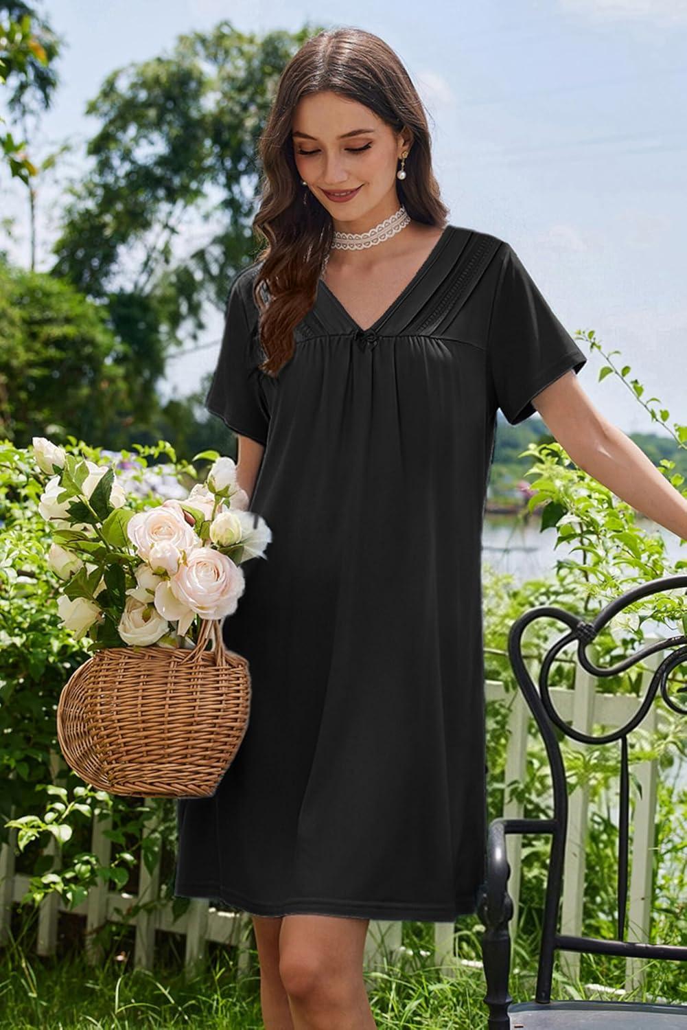 imageEkouaer Nightgowns for Women V Neck Sleepshirt Short Sleeve Nightdress Lace Trim Night Gown House Dress with PocketsBlack