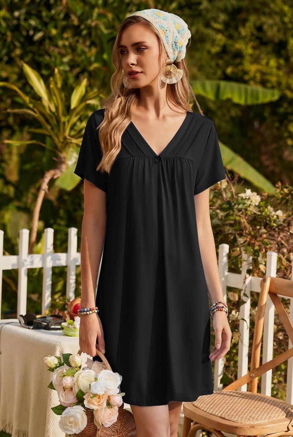 imageEkouaer Nightgowns for Women V Neck Sleepshirt Short Sleeve Nightdress Lace Trim Night Gown House Dress with PocketsBlack