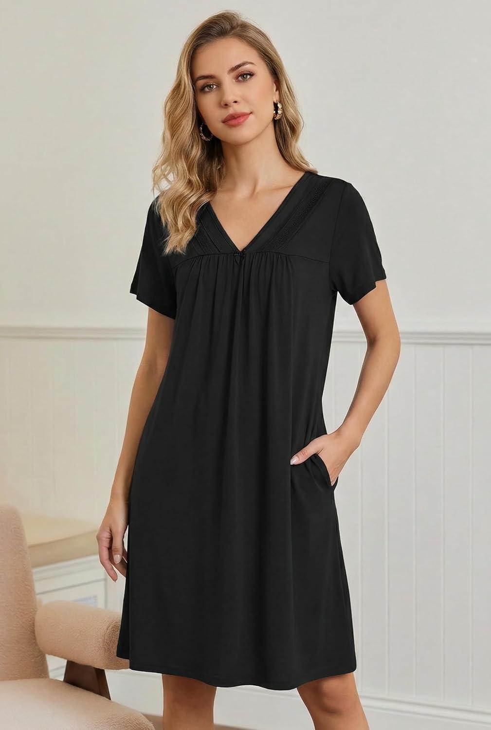 imageEkouaer Nightgowns for Women V Neck Sleepshirt Short Sleeve Nightdress Lace Trim Night Gown House Dress with PocketsBlack