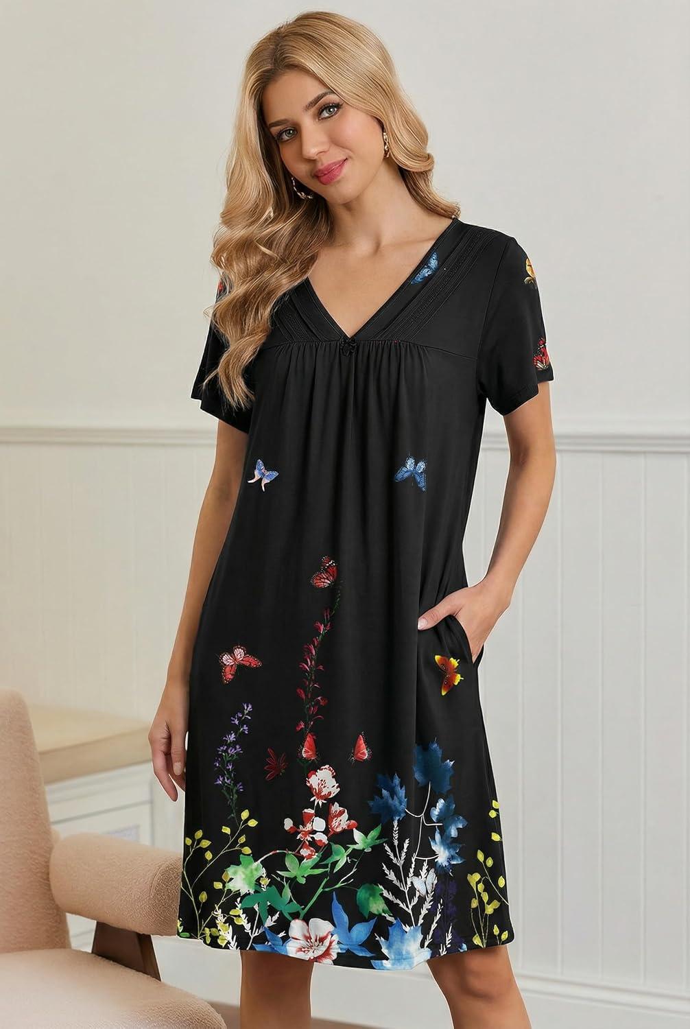 imageEkouaer Nightgowns for Women V Neck Sleepshirt Short Sleeve Nightdress Lace Trim Night Gown House Dress with PocketsBlack Flowers