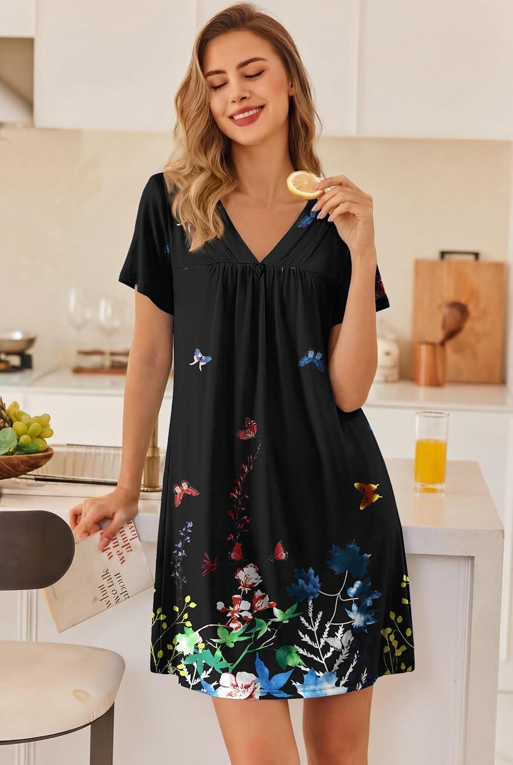 imageEkouaer Nightgowns for Women V Neck Sleepshirt Short Sleeve Nightdress Lace Trim Night Gown House Dress with PocketsBlack Flowers