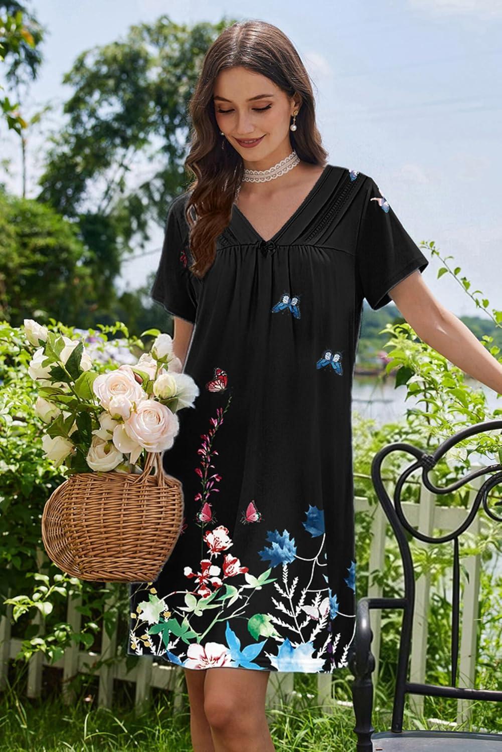 imageEkouaer Nightgowns for Women V Neck Sleepshirt Short Sleeve Nightdress Lace Trim Night Gown House Dress with PocketsBlack Flowers
