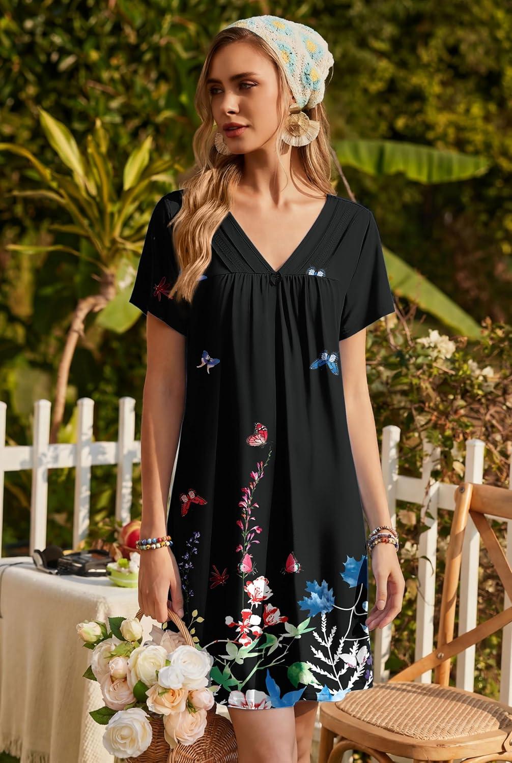 imageEkouaer Nightgowns for Women V Neck Sleepshirt Short Sleeve Nightdress Lace Trim Night Gown House Dress with PocketsBlack Flowers