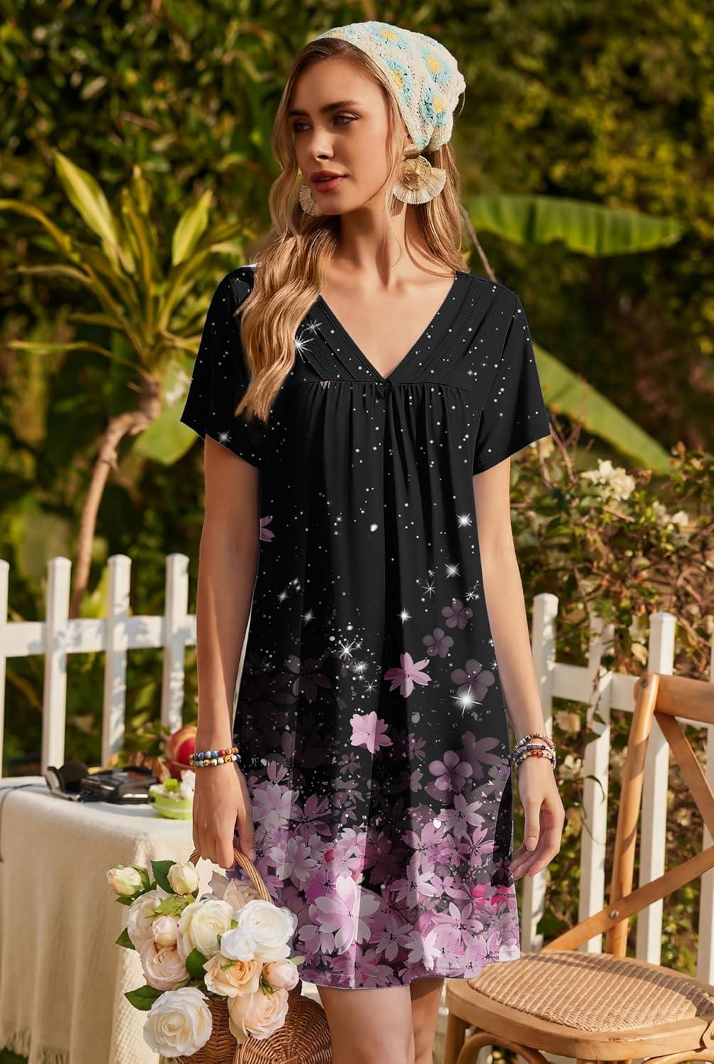 imageEkouaer Nightgowns for Women V Neck Sleepshirt Short Sleeve Nightdress Lace Trim Night Gown House Dress with PocketsBlack Sakura