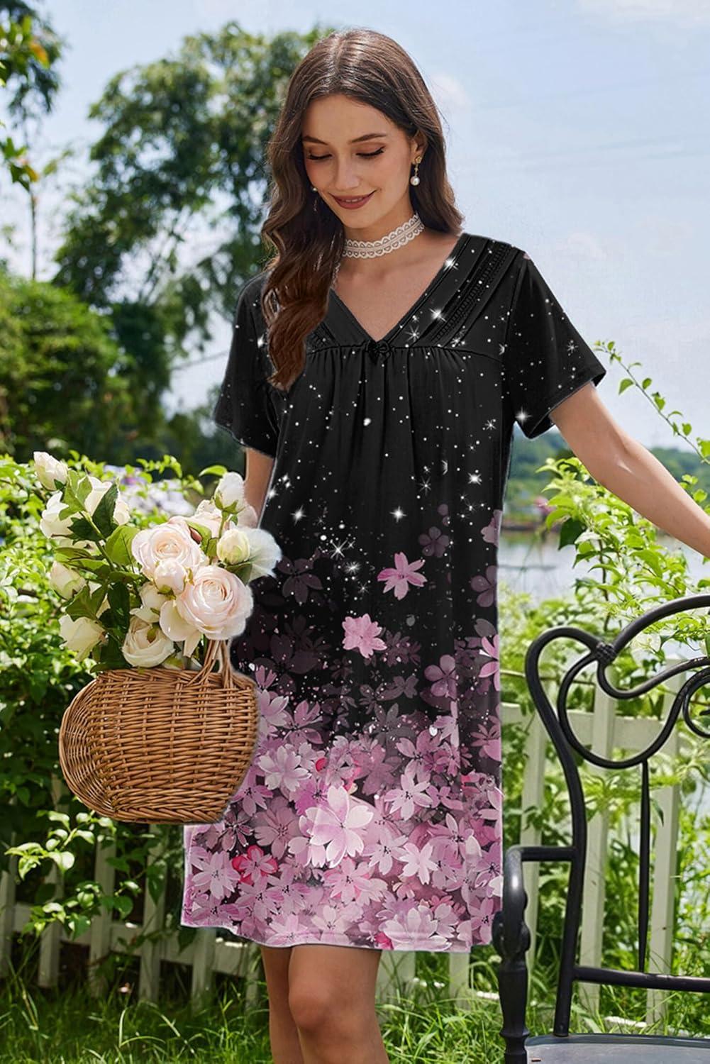 imageEkouaer Nightgowns for Women V Neck Sleepshirt Short Sleeve Nightdress Lace Trim Night Gown House Dress with PocketsBlack Sakura