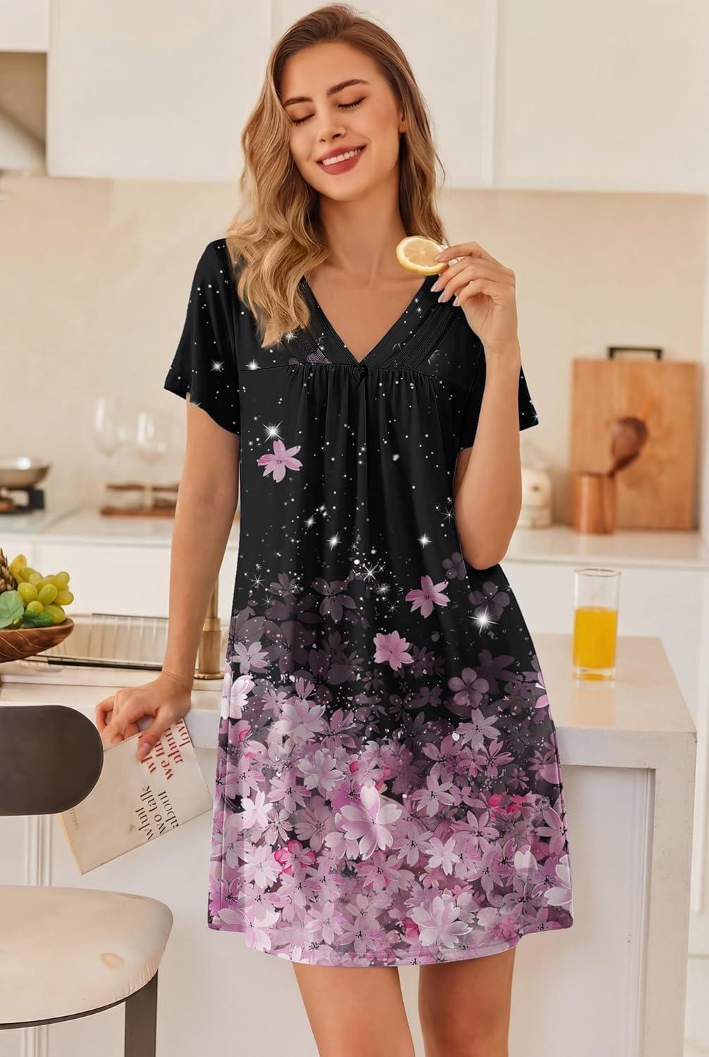 imageEkouaer Nightgowns for Women V Neck Sleepshirt Short Sleeve Nightdress Lace Trim Night Gown House Dress with PocketsBlack Sakura