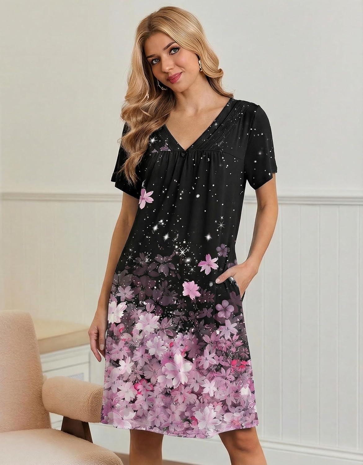 imageEkouaer Nightgowns for Women V Neck Sleepshirt Short Sleeve Nightdress Lace Trim Night Gown House Dress with PocketsBlack Sakura