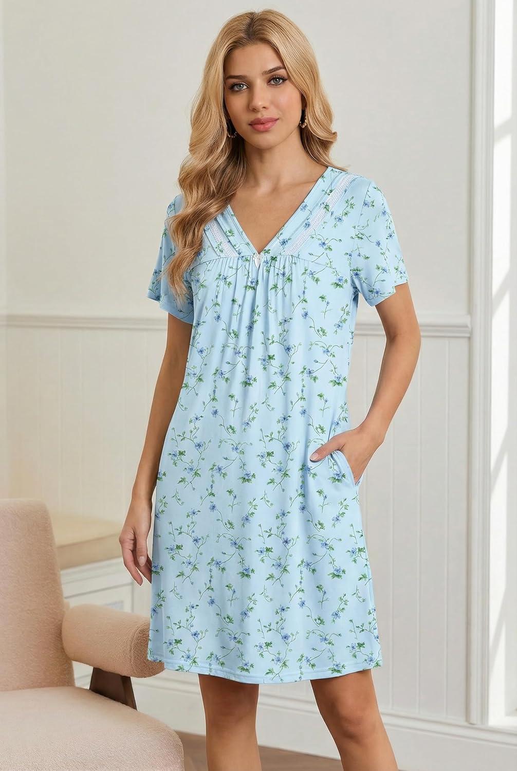 imageEkouaer Nightgowns for Women V Neck Sleepshirt Short Sleeve Nightdress Lace Trim Night Gown House Dress with PocketsBlue Floral