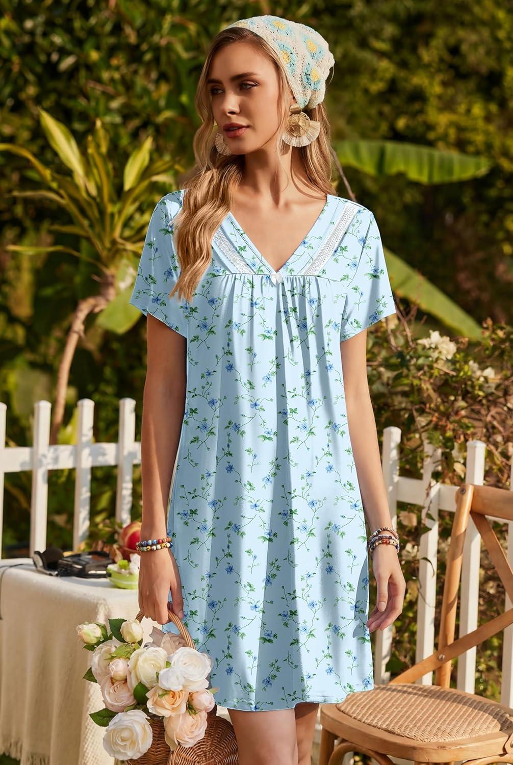 imageEkouaer Nightgowns for Women V Neck Sleepshirt Short Sleeve Nightdress Lace Trim Night Gown House Dress with PocketsBlue Floral