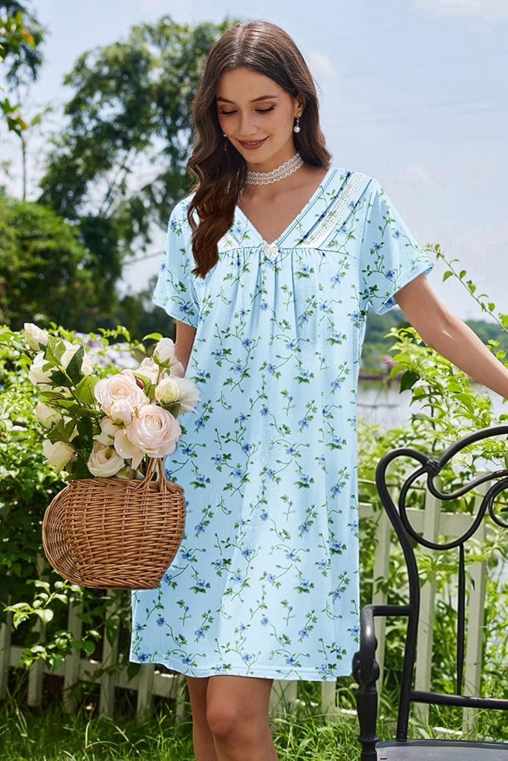 imageEkouaer Nightgowns for Women V Neck Sleepshirt Short Sleeve Nightdress Lace Trim Night Gown House Dress with PocketsBlue Floral