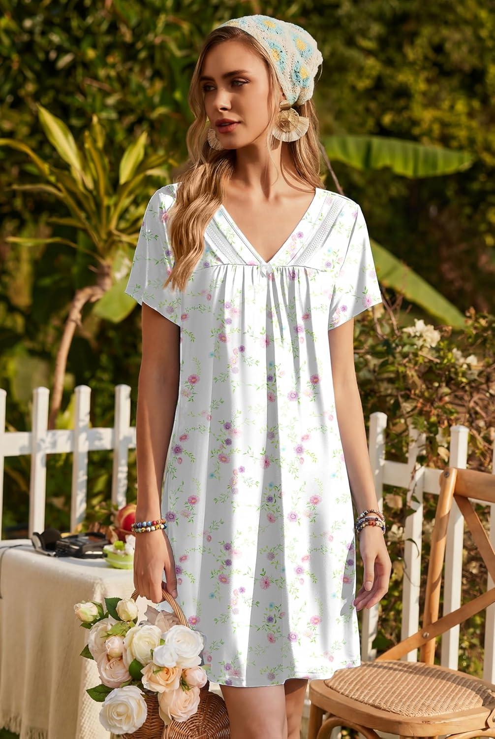 imageEkouaer Nightgowns for Women V Neck Sleepshirt Short Sleeve Nightdress Lace Trim Night Gown House Dress with PocketsColorful Flowers