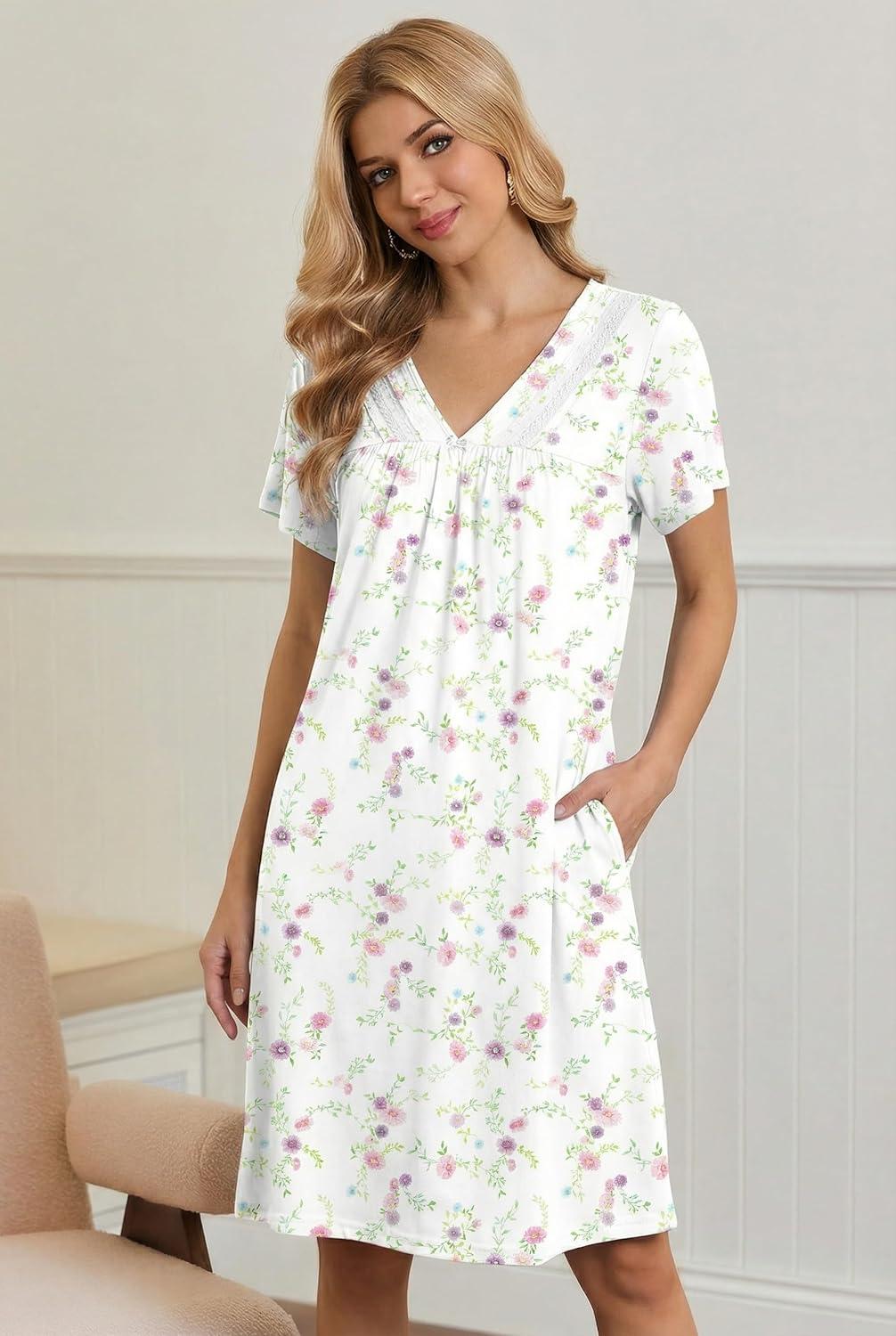 imageEkouaer Nightgowns for Women V Neck Sleepshirt Short Sleeve Nightdress Lace Trim Night Gown House Dress with PocketsColorful Flowers