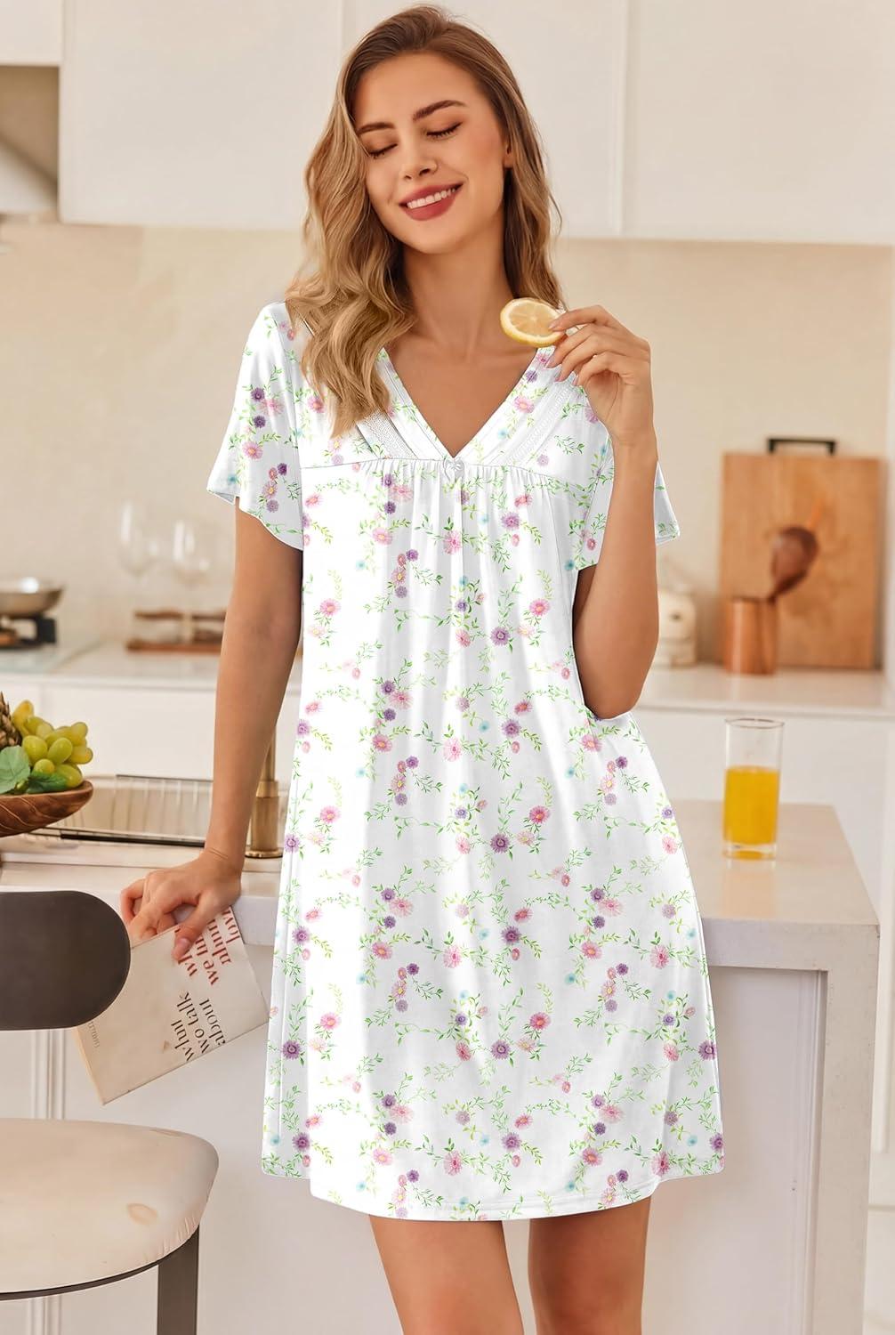 imageEkouaer Nightgowns for Women V Neck Sleepshirt Short Sleeve Nightdress Lace Trim Night Gown House Dress with PocketsColorful Flowers