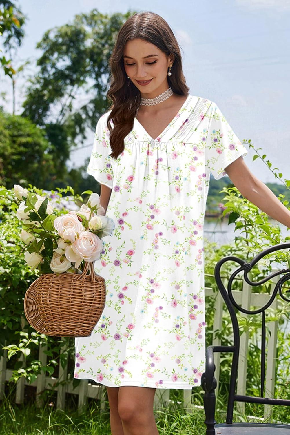 imageEkouaer Nightgowns for Women V Neck Sleepshirt Short Sleeve Nightdress Lace Trim Night Gown House Dress with PocketsColorful Flowers