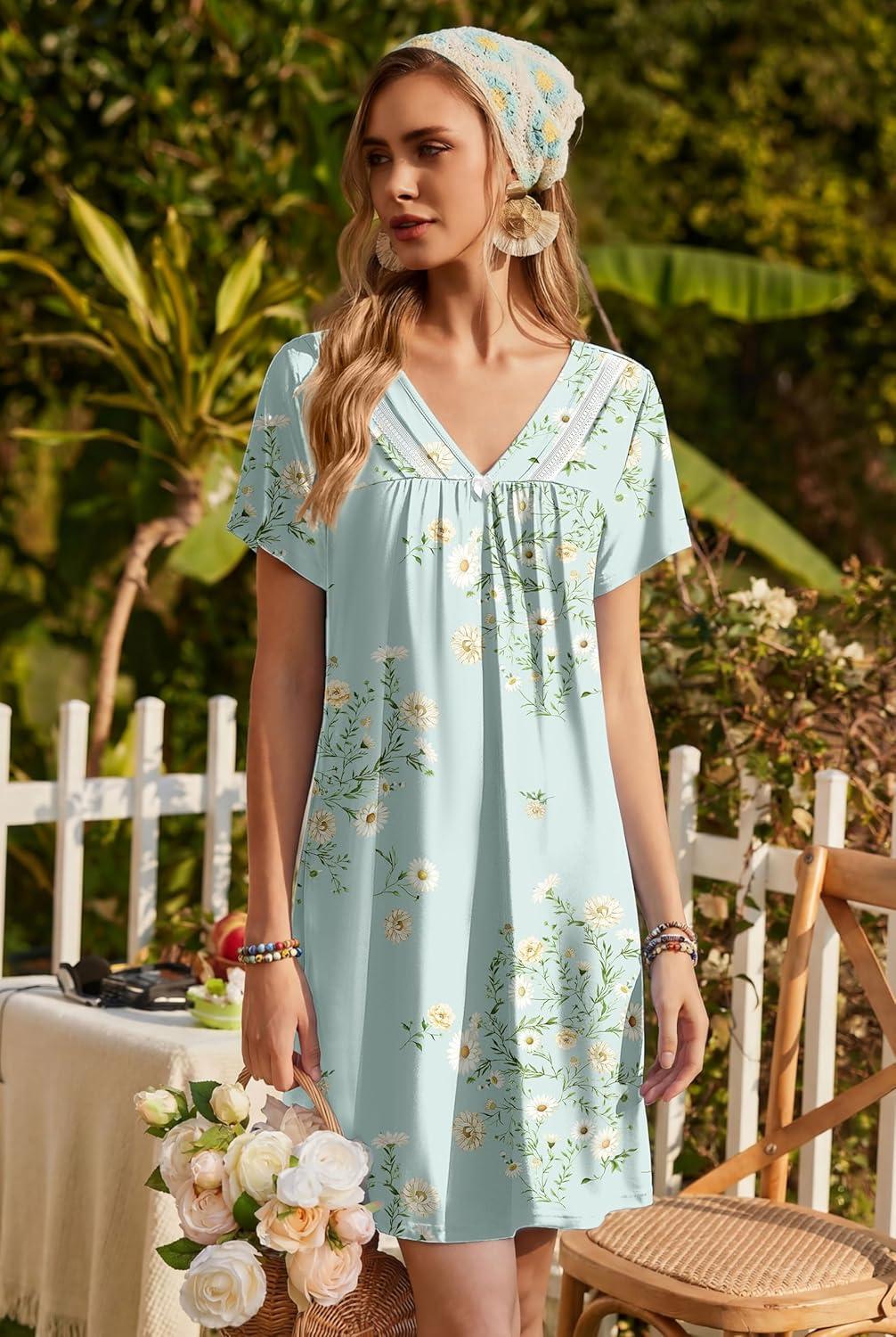 imageEkouaer Nightgowns for Women V Neck Sleepshirt Short Sleeve Nightdress Lace Trim Night Gown House Dress with PocketsGreen Daisy