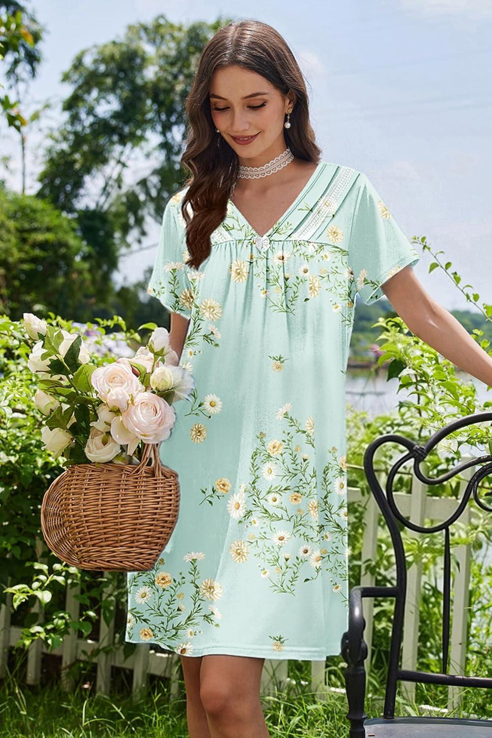 imageEkouaer Nightgowns for Women V Neck Sleepshirt Short Sleeve Nightdress Lace Trim Night Gown House Dress with PocketsGreen Daisy