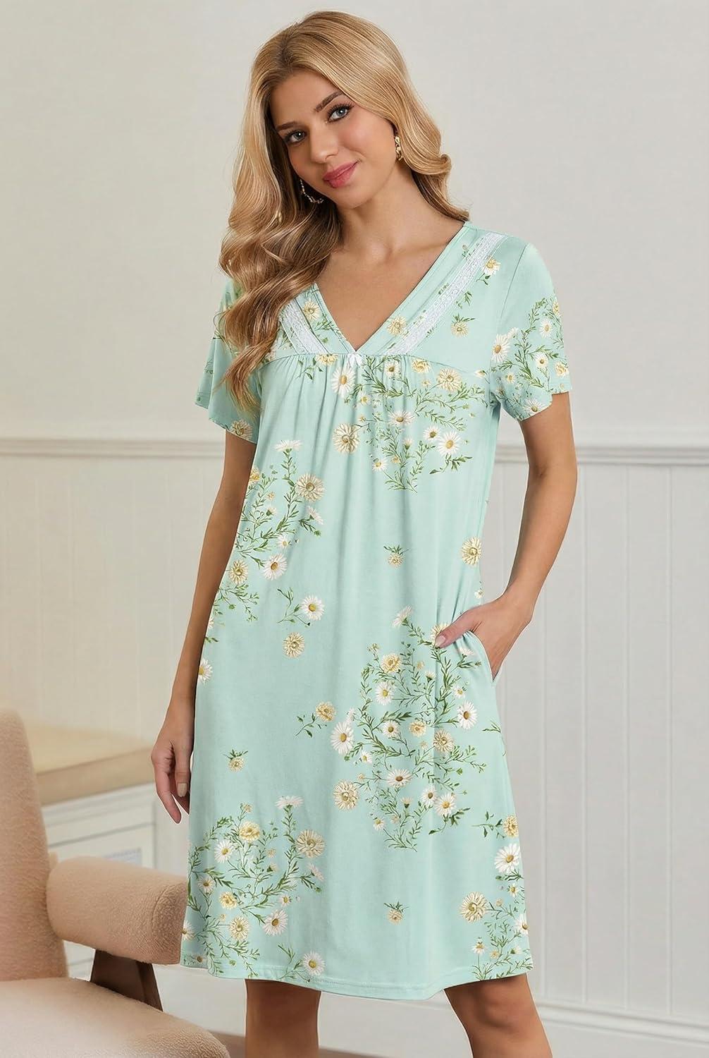 imageEkouaer Nightgowns for Women V Neck Sleepshirt Short Sleeve Nightdress Lace Trim Night Gown House Dress with PocketsGreen Daisy