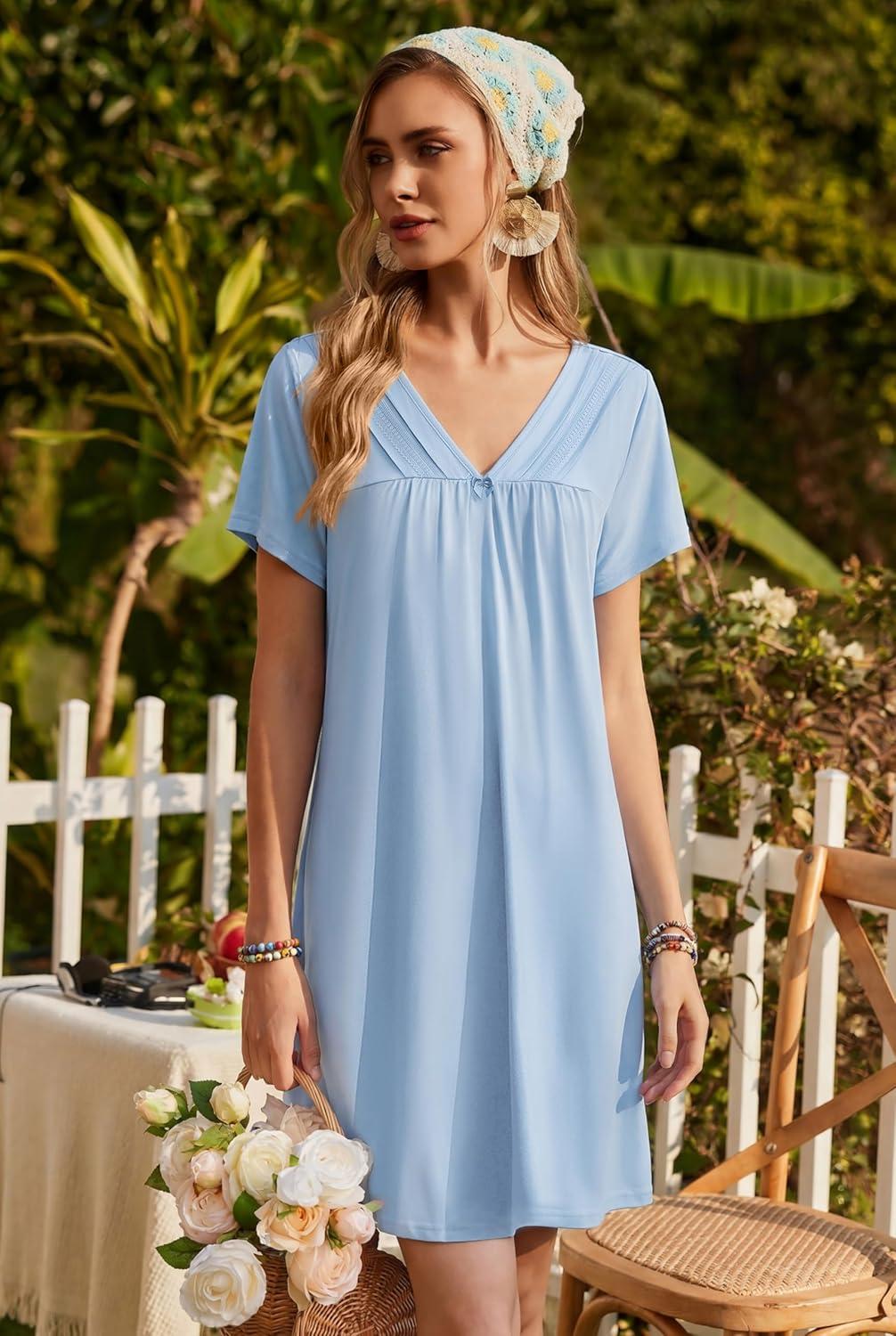 imageEkouaer Nightgowns for Women V Neck Sleepshirt Short Sleeve Nightdress Lace Trim Night Gown House Dress with PocketsLight Blue