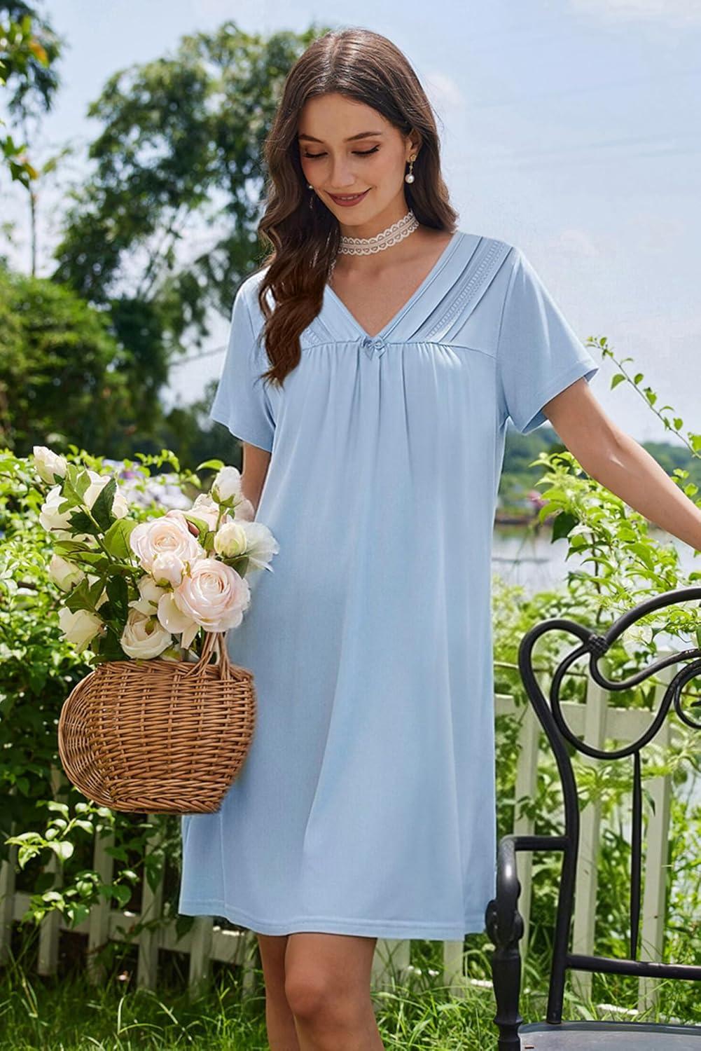 imageEkouaer Nightgowns for Women V Neck Sleepshirt Short Sleeve Nightdress Lace Trim Night Gown House Dress with PocketsLight Blue