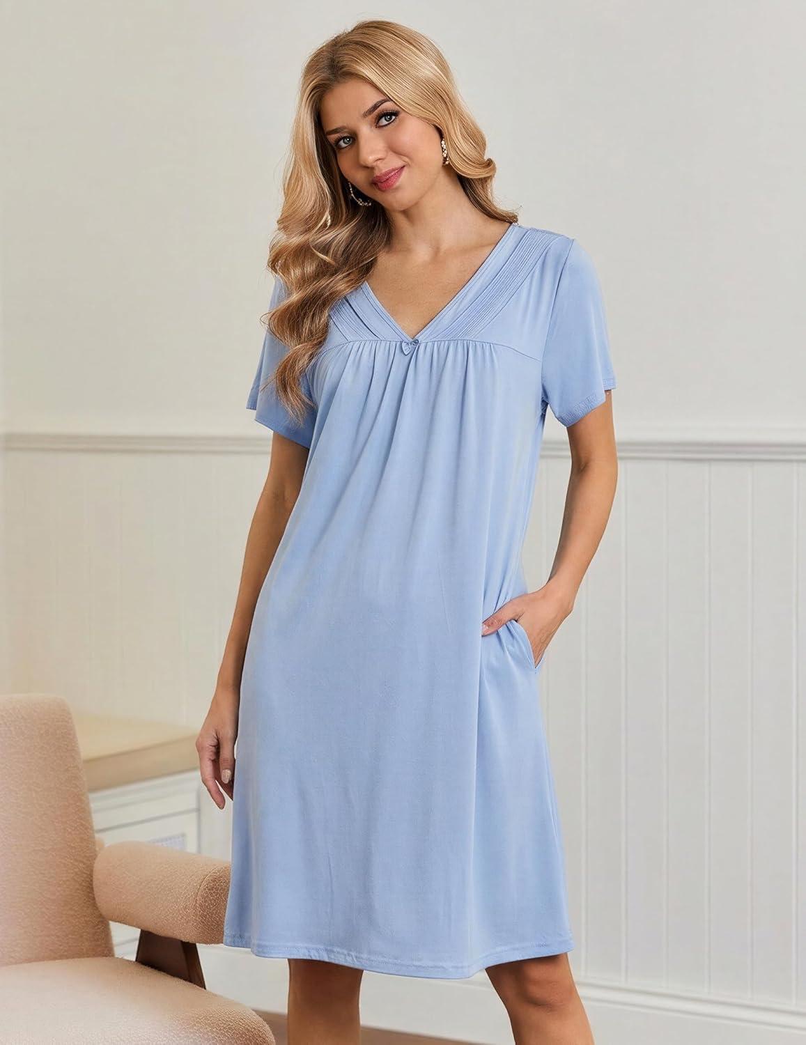 imageEkouaer Nightgowns for Women V Neck Sleepshirt Short Sleeve Nightdress Lace Trim Night Gown House Dress with PocketsLight Blue