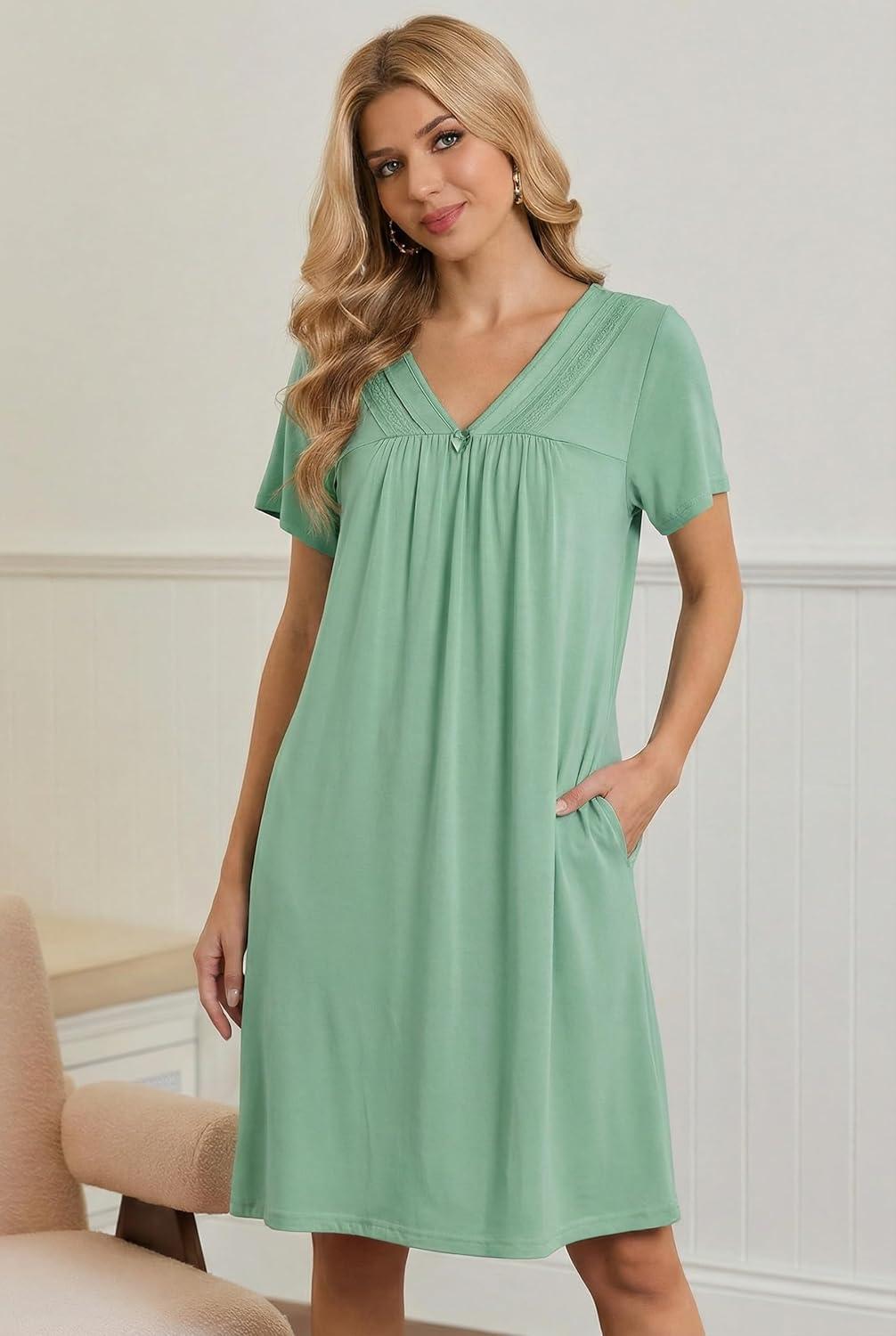 imageEkouaer Nightgowns for Women V Neck Sleepshirt Short Sleeve Nightdress Lace Trim Night Gown House Dress with PocketsLight Green