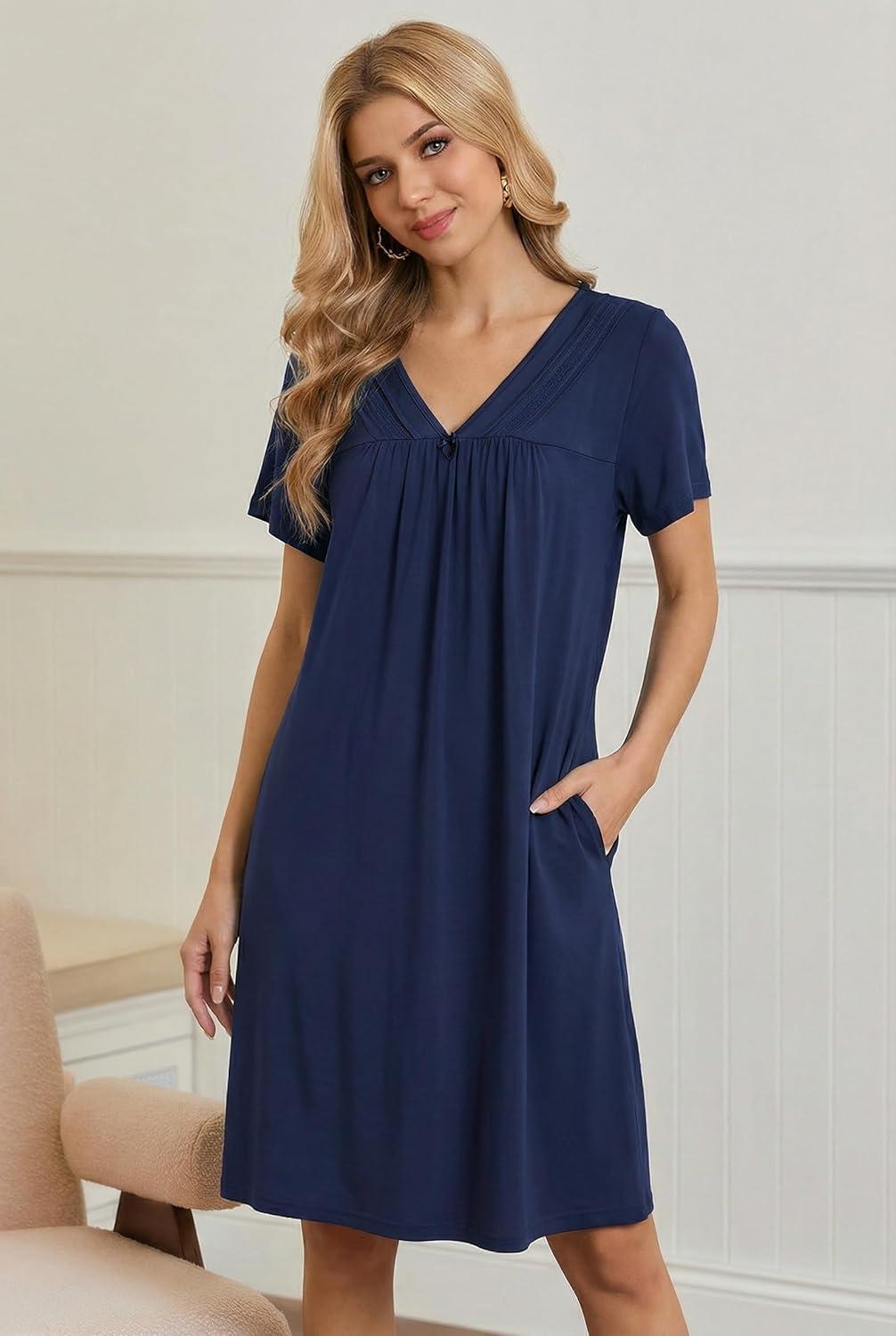 imageEkouaer Nightgowns for Women V Neck Sleepshirt Short Sleeve Nightdress Lace Trim Night Gown House Dress with PocketsNavy Blue