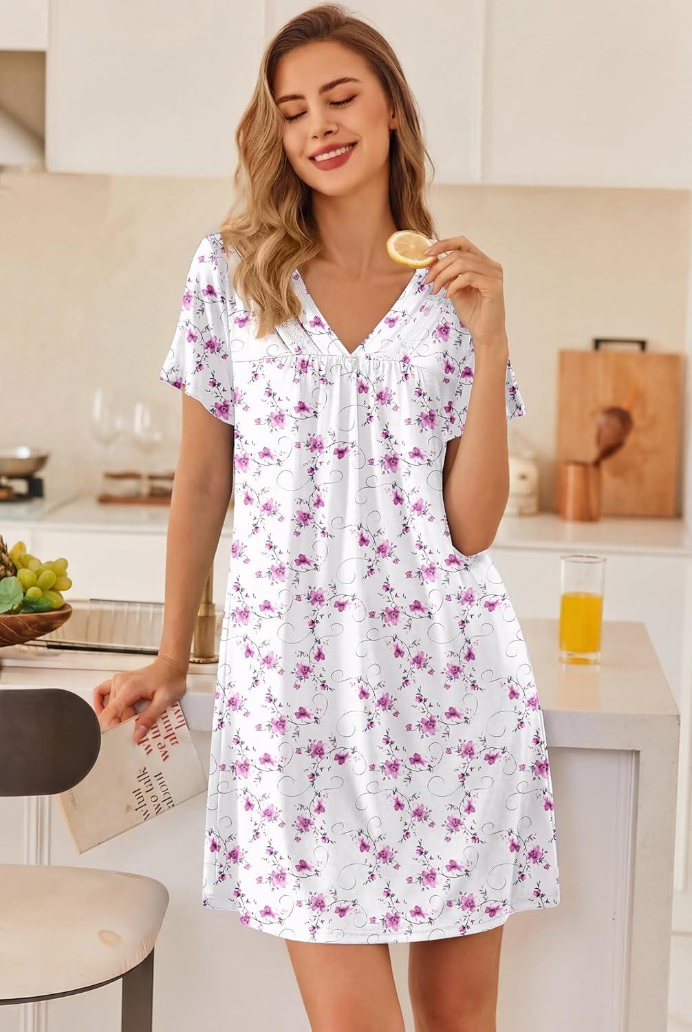 imageEkouaer Nightgowns for Women V Neck Sleepshirt Short Sleeve Nightdress Lace Trim Night Gown House Dress with PocketsPurple Floral