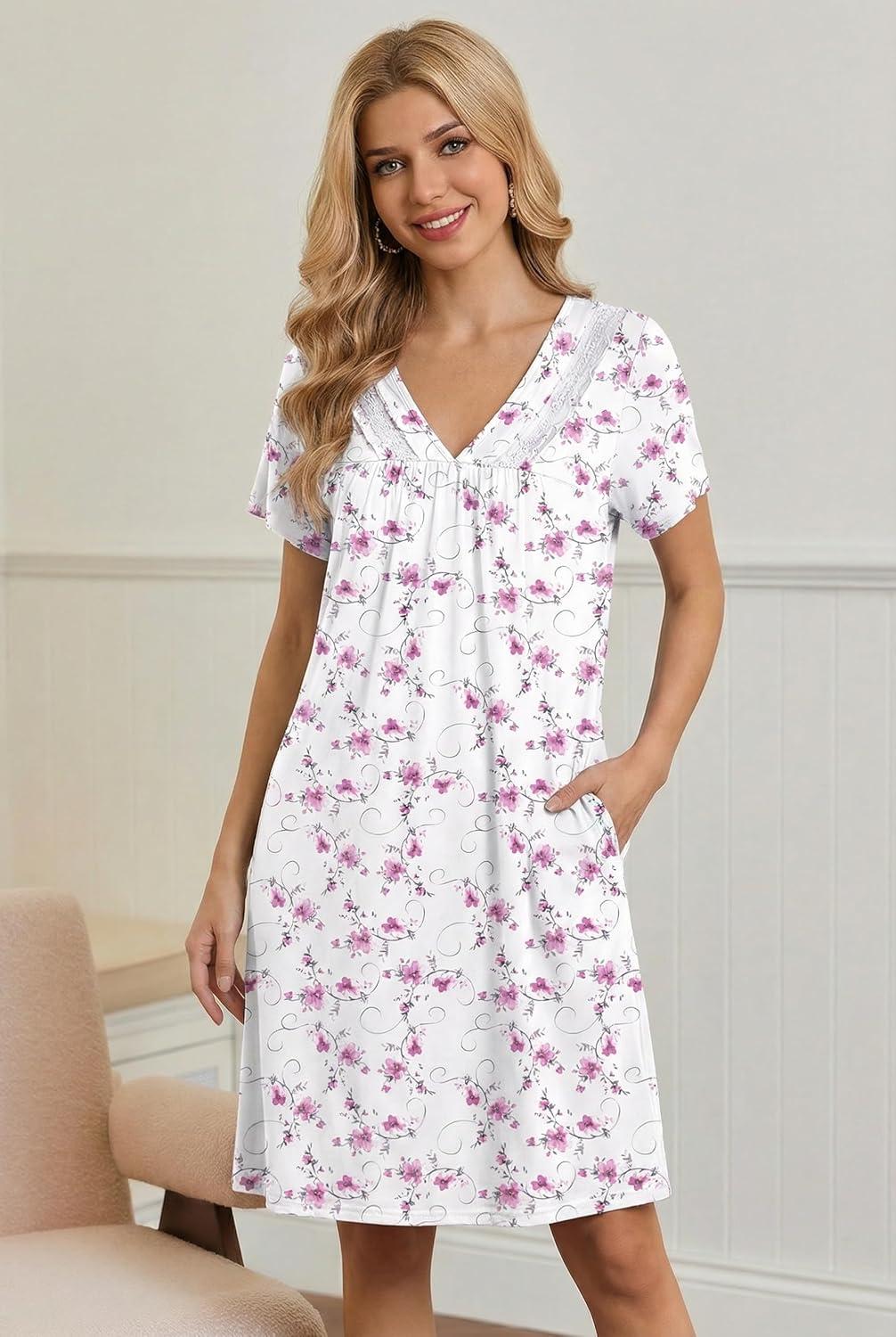 imageEkouaer Nightgowns for Women V Neck Sleepshirt Short Sleeve Nightdress Lace Trim Night Gown House Dress with PocketsPurple Floral