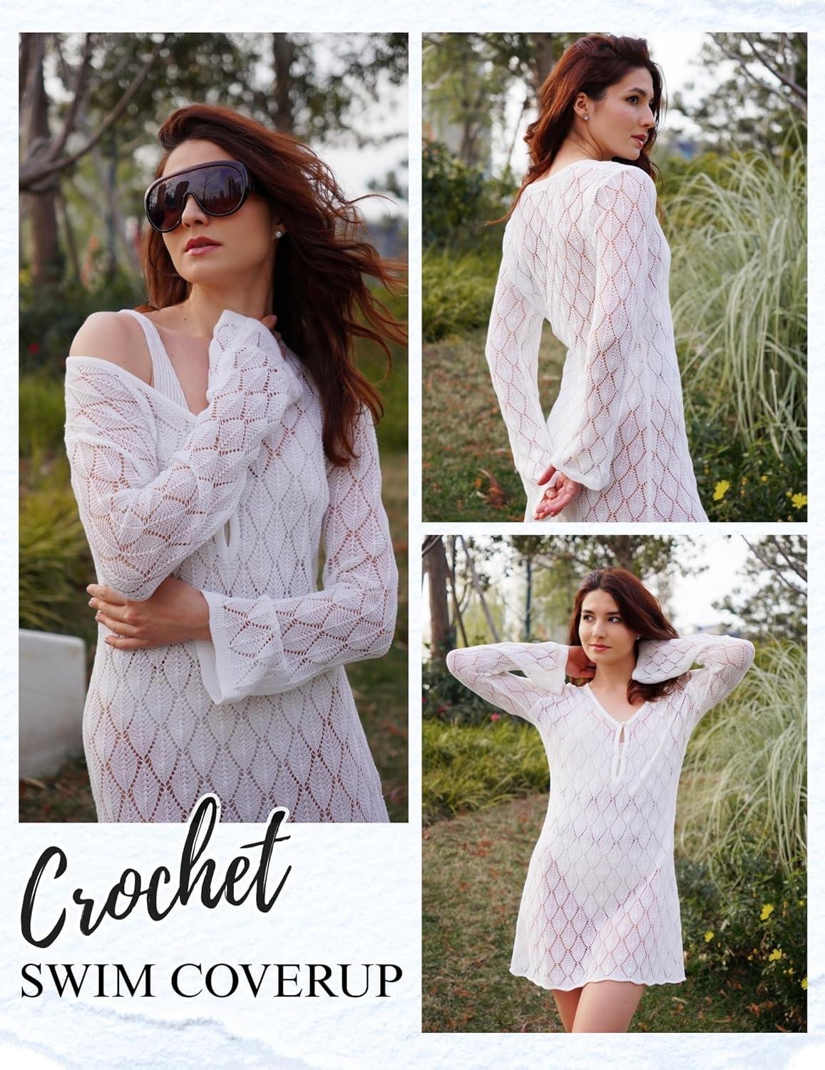 imageEkouaer Swimsuit Coverup for Women Crochet Beach Cover Up Hollow Out Long Sleeve Cover Ups 2026 Summer Vacation Outfits1white