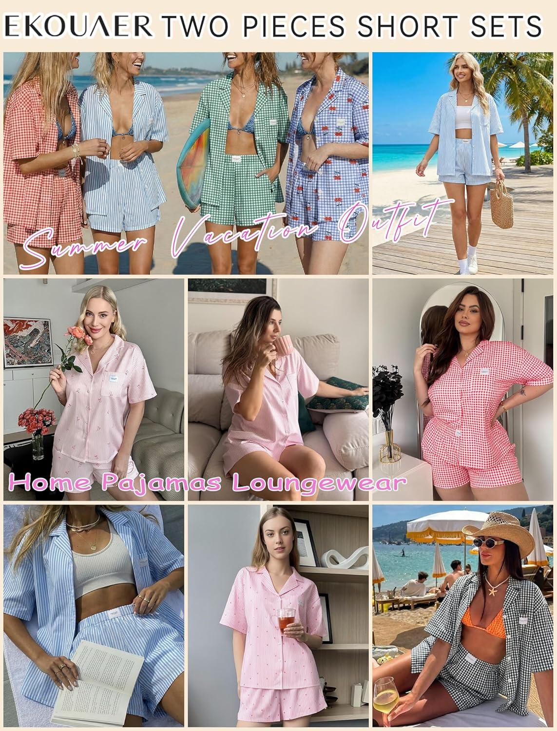 imageEkouaer Two Piece Sets for Women Summer Y2K Shirt and Shorts Beach Vacation Cruise Outfits Travel Sweatsuits Lounge SetBlack White Plaid