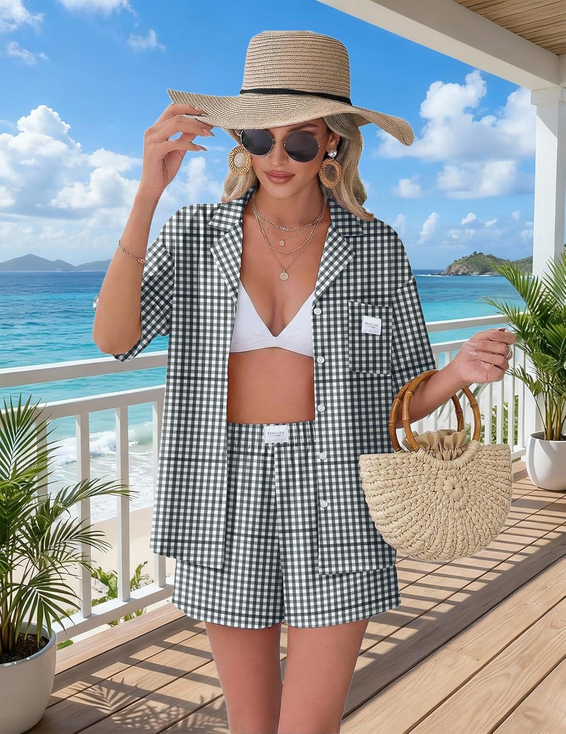 imageEkouaer Two Piece Sets for Women Summer Y2K Shirt and Shorts Beach Vacation Cruise Outfits Travel Sweatsuits Lounge SetBlack White Plaid